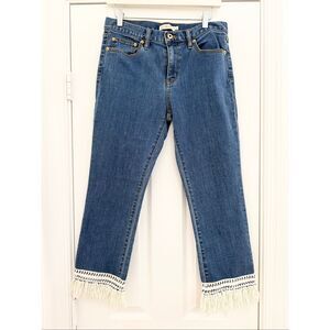 Tory Burch Womens Connor Fringe Hem Cropped Jeans Blue Denim Stone Wash Size 28